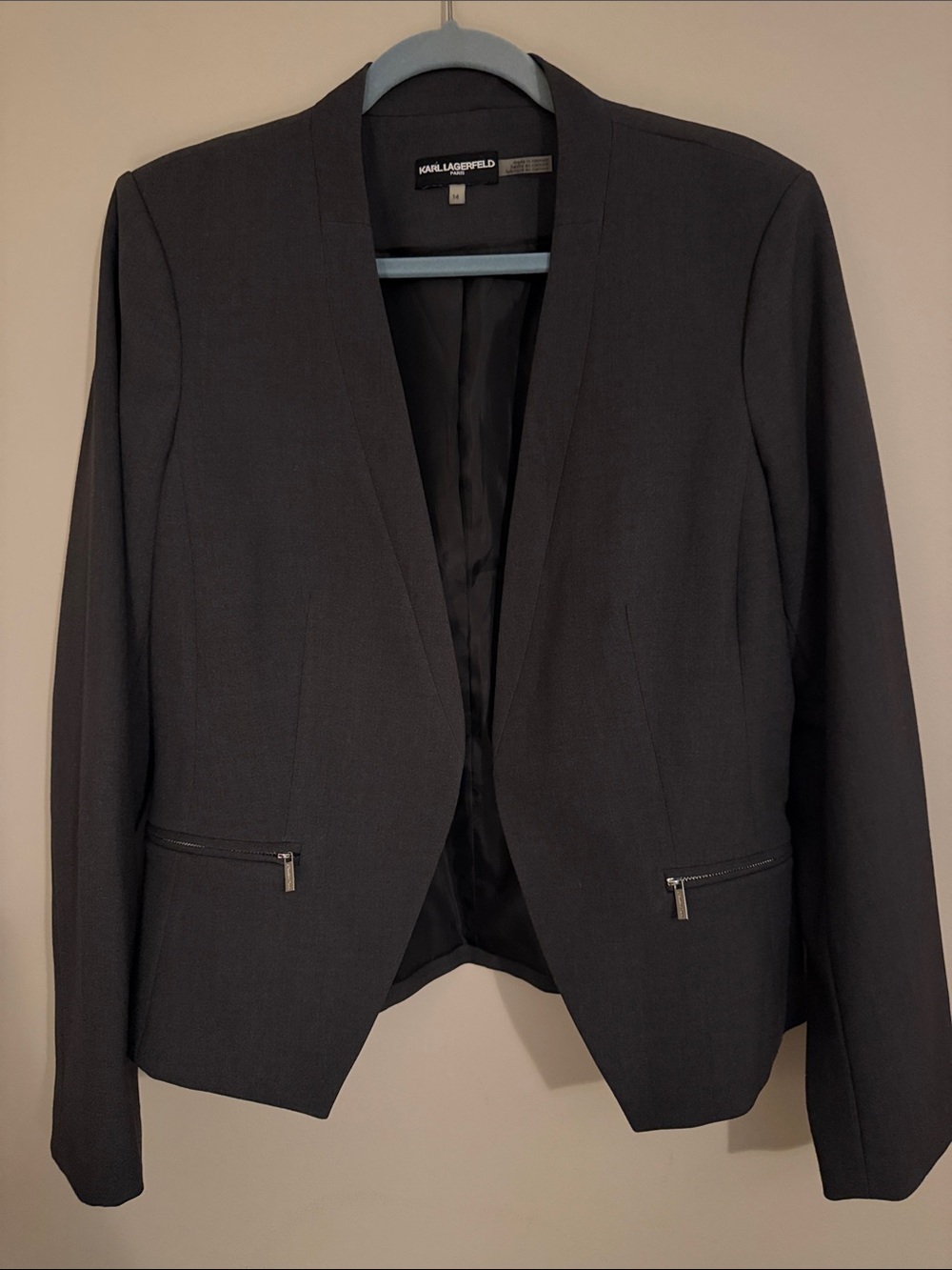 Karl Lagerfeld Charcoal Gray Open-Front Tailored Blazer